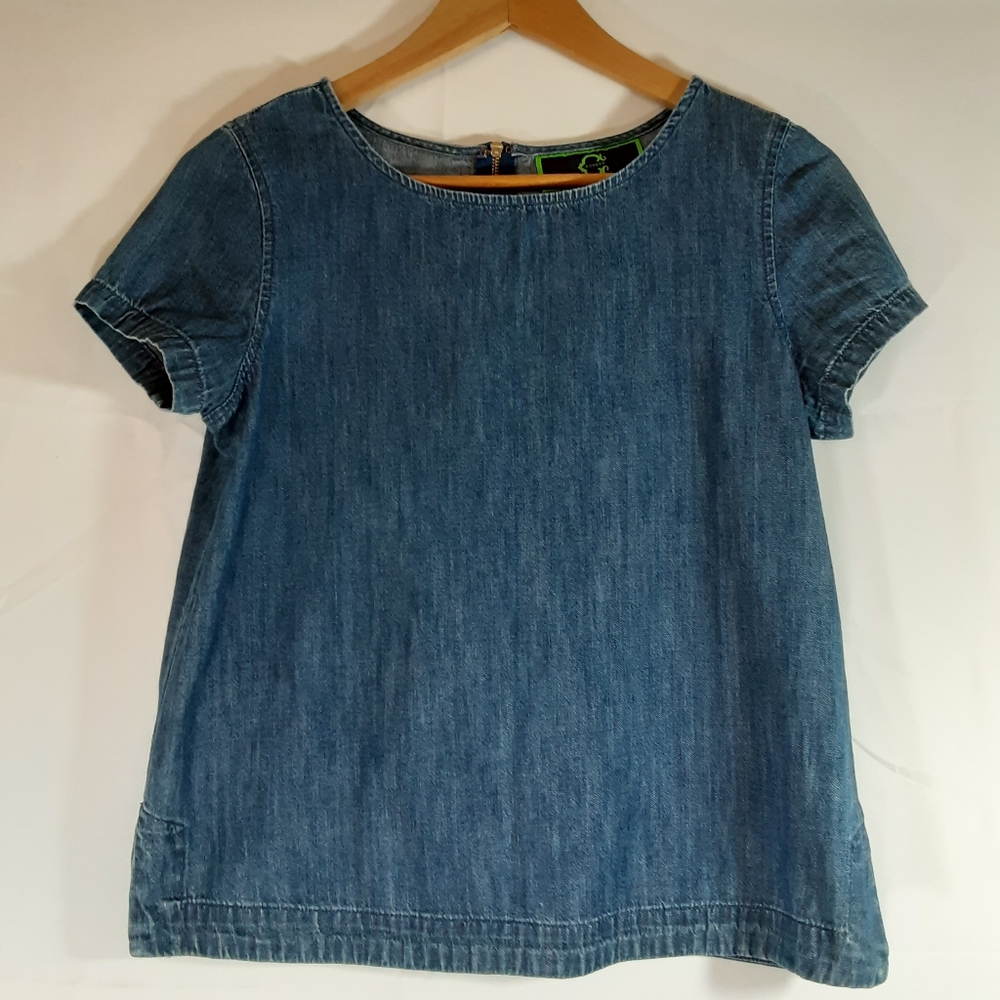 C Wonder Chambray Denim Dark Wash Short Sleeve Blouse
